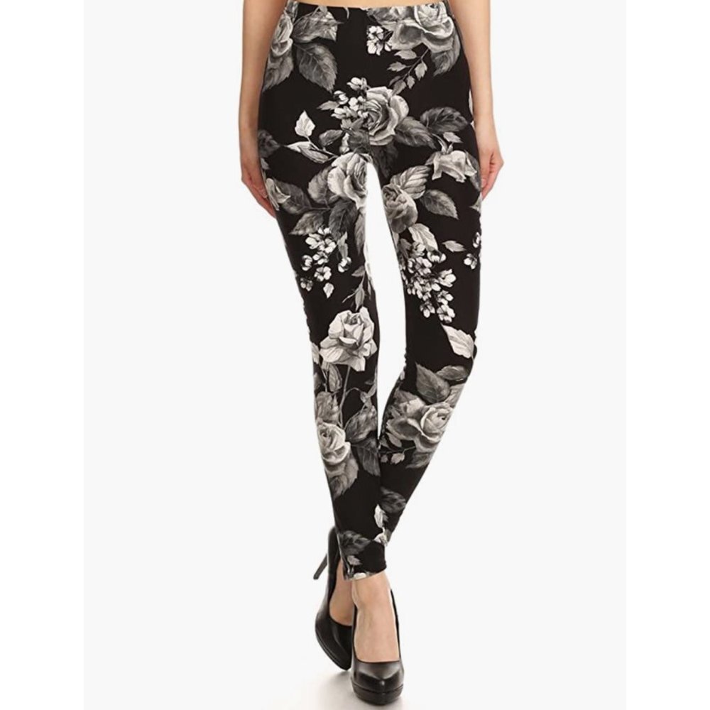 Black & Gray‎ Charcoal Floral Rose Flower Printed Leggings Tights